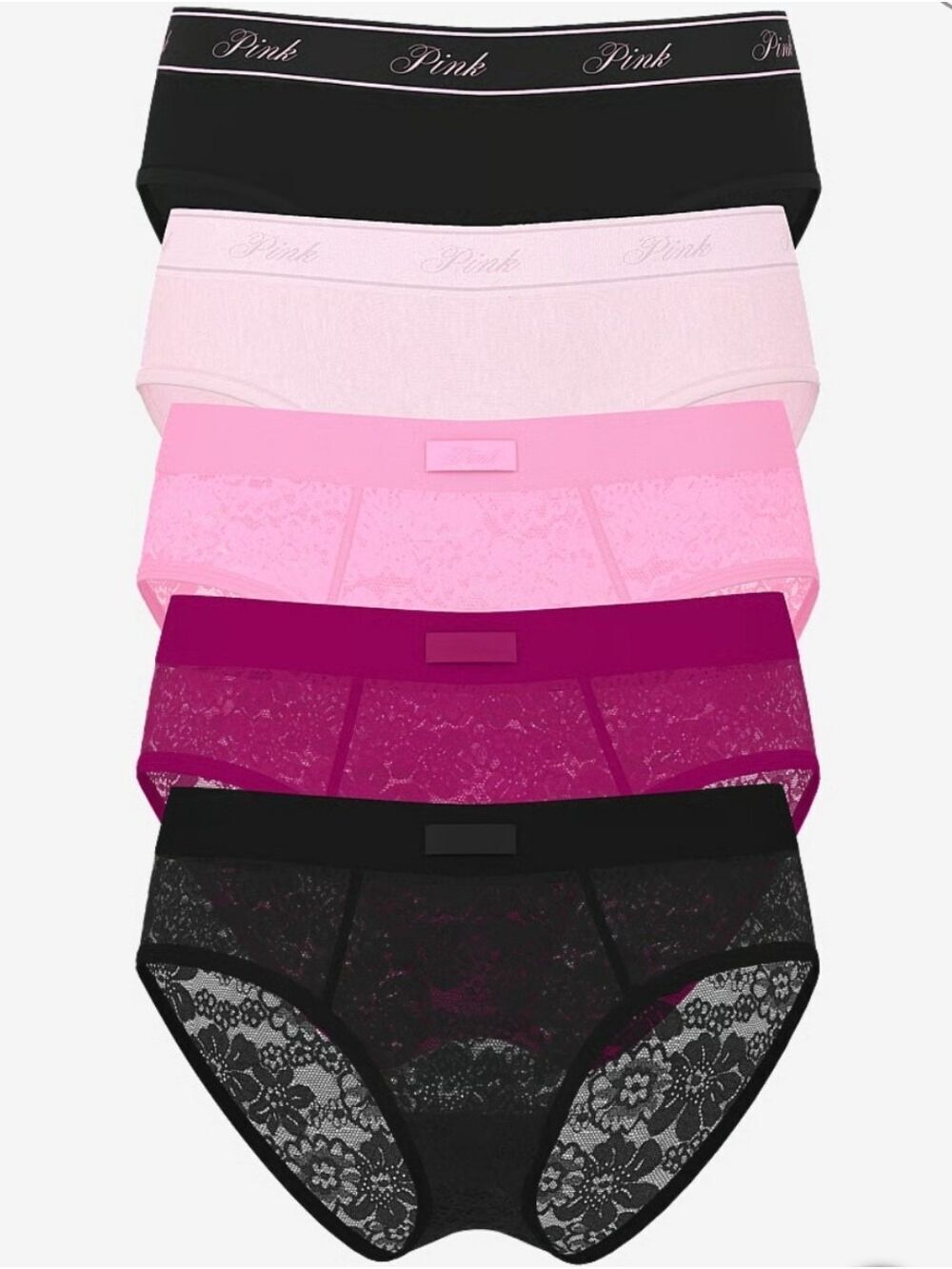 VS PINK 5-Pack Lace Logo Cotton Hiphugger Panties Small